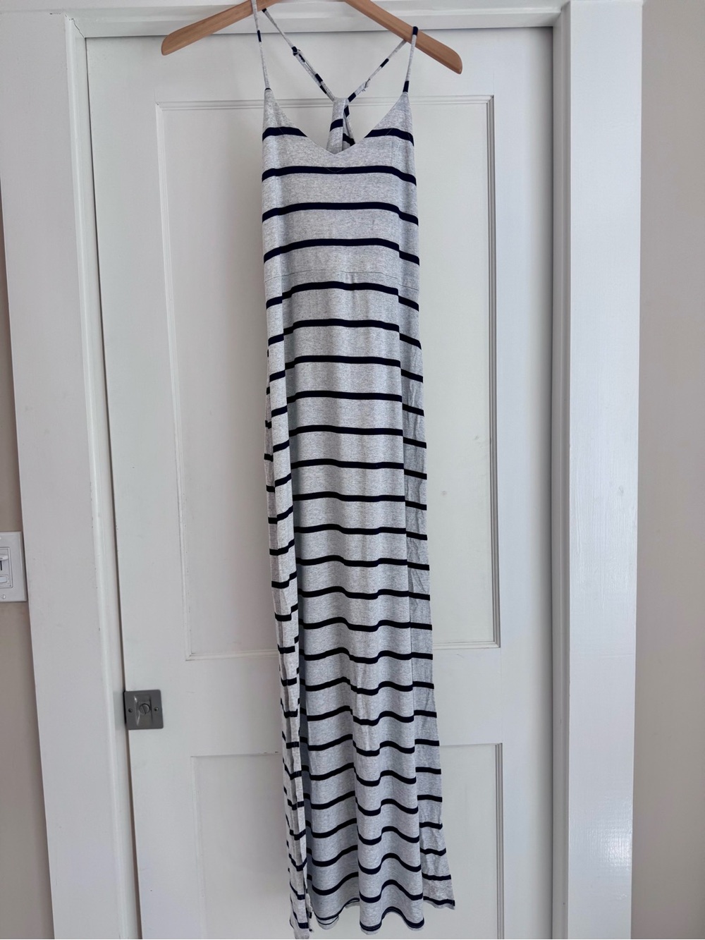 Striped V-Neck Maxi Skirt Dress in Navy & Gray